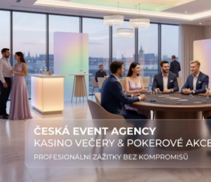 Moderní pastelová vizualizace kasinového večera s pokerovým stolem a ruletou