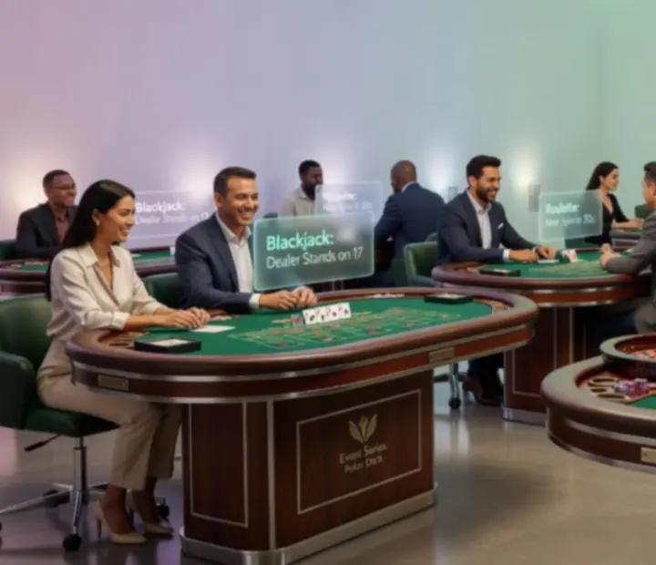 Profesionální pokerové, ruletové a blackjackové stoly připravené pro firemní kasinový večer